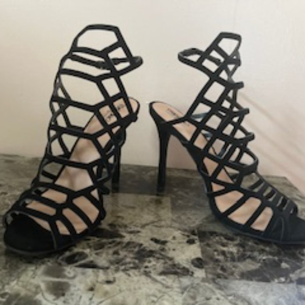 Black suede open foot strappy heels